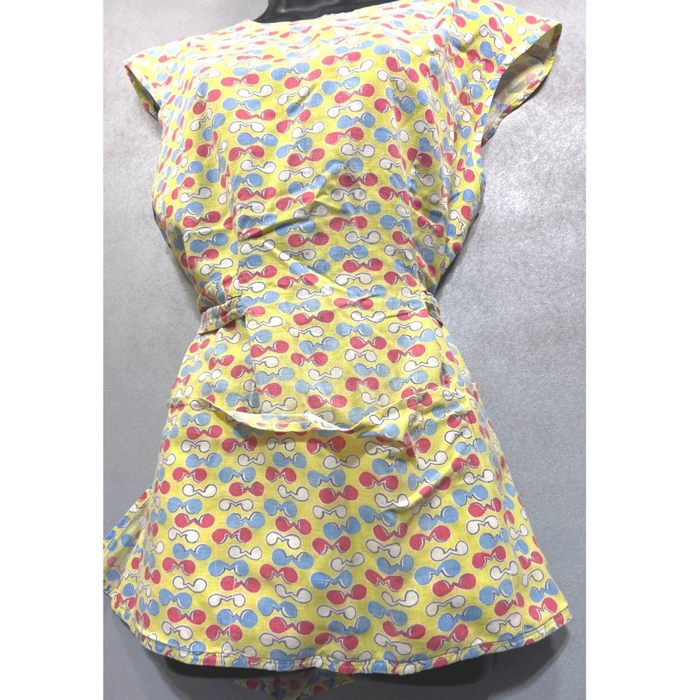 Vintage 1960s Yellow Novelty Print Smock Apron Front Pockets Tie Back Retro MCM